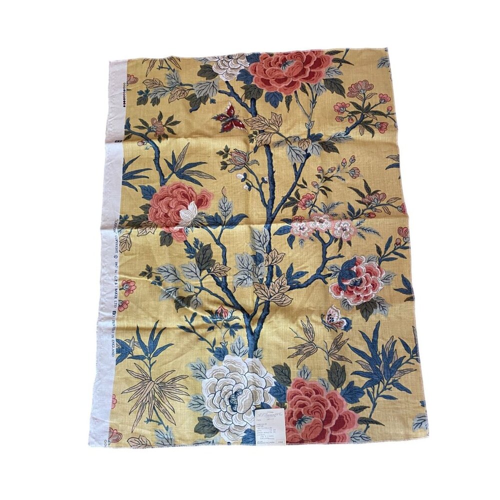 Vintage G.P. & J. Baker  100% Linen Fabric Sample Floral Canton Design Multicolo